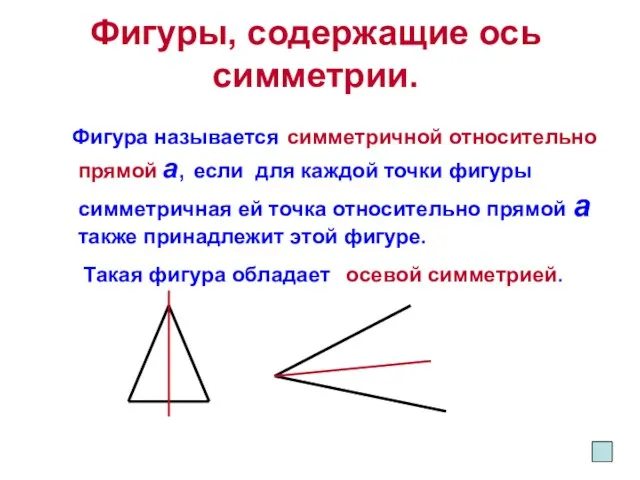 Фигуры, содержащие ось симметрии. Фигура называется симметричной относительно прямой а, если для