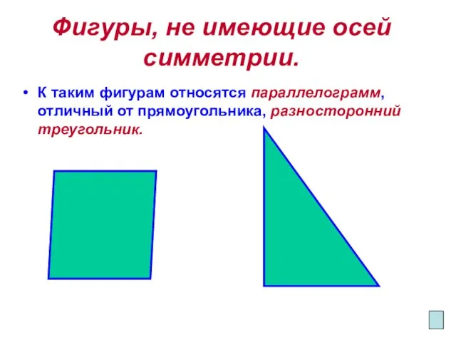 Фигуры, не имеющие осей симметрии. К таким фигурам относятся параллелограмм, отличный от прямоугольника, разносторонний треугольник.