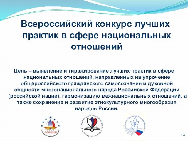 Всероссийский конкурс лучших практик в сфере национальных отношений Цель – выявление и