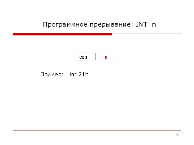 Программное прерывание: INT n Пример: int 21h