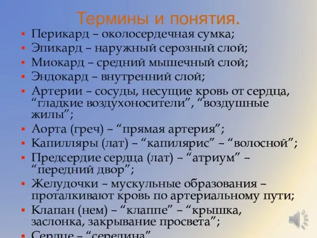 Термины и понятия. Перикард – околосердечная сумка; Эпикард – наружный серозный слой;