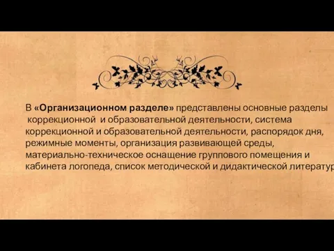 В «Организационном разделе» представлены основные разделы коррекционной и образовательной деятельности, система коррекционной