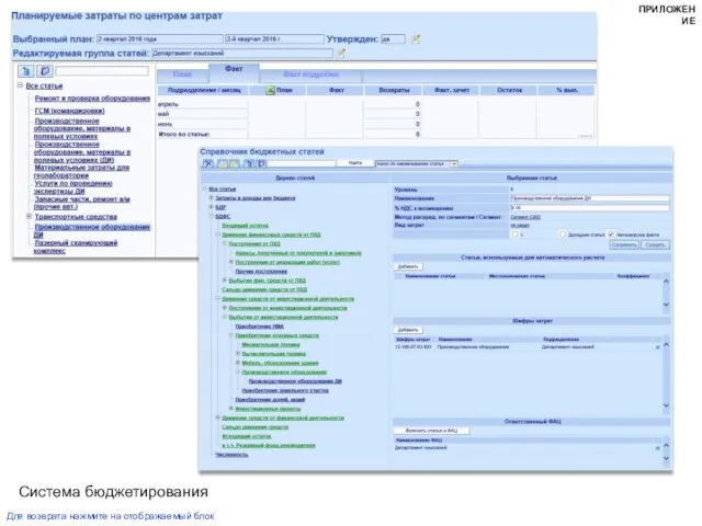 Система бюджетирования Для возврата нажмите на отображаемый блок ПРИЛОЖЕНИЕ