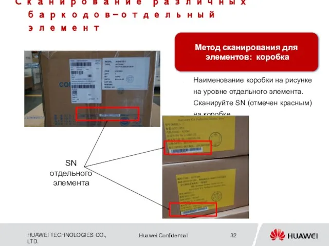 Сканирование различных баркодов-отдельный элемент Метод сканирования для элементов: коробка Наименование коробки на