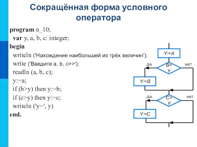 Сокращённая форма условного оператора program n_10; var y, a, b, c: integer;