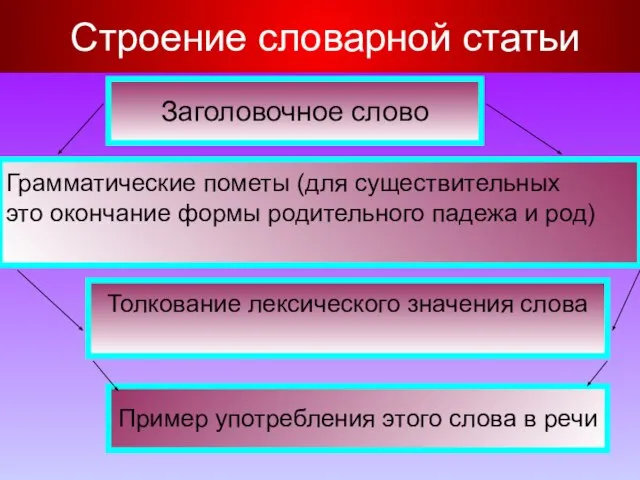 Строение словарной статьи Заголовочное слово Грамматические пометы (для существительных это окончание формы