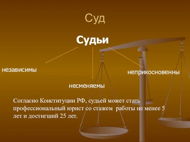 Суд Судьи независимы несменяемы неприкосновенны Согласно Конституции РФ, судьей может стать профессиональный