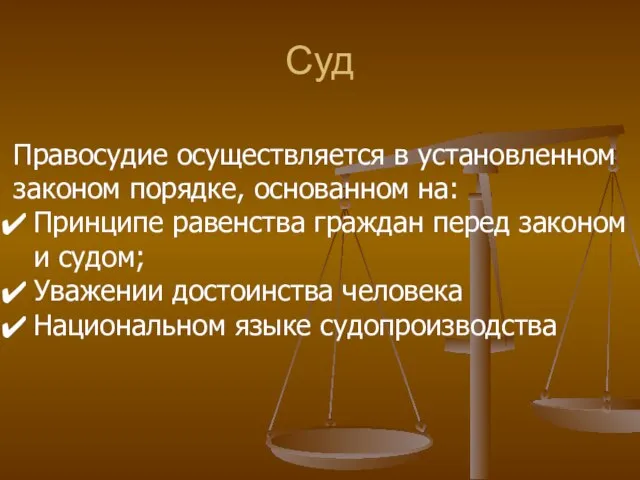 Суд Правосудие осуществляется в установленном законом порядке, основанном на: Принципе равенства граждан