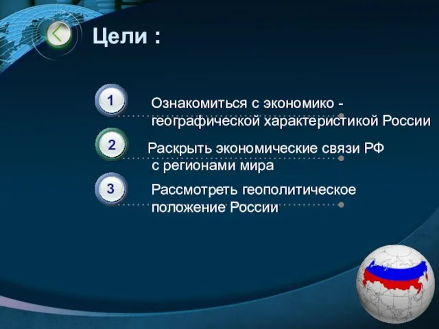 Цели : Ознакомиться с экономико - географической характеристикой России Раскрыть экономические связи