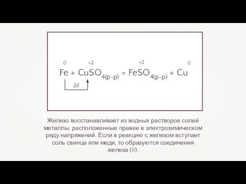 Железо восстанавливает из водных растворов солей металлы, расположенные правее в электрохимическом ряду