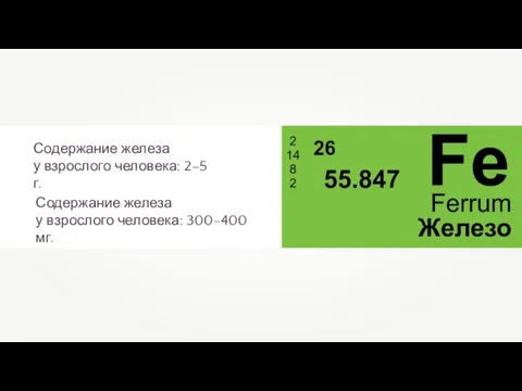 Содержание железа у взрослого человека: 2–5 г. Содержание железа у взрослого человека: 300–400 мг.