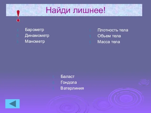 Найди лишнее! Барометр Динамометр Манометр Плотность тела Объем тела Масса тела Баласт Гондола Ватерлиния