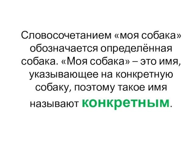 Словосочетанием «моя собака» обозначается определённая собака. «Моя собака» – это имя, указывающее