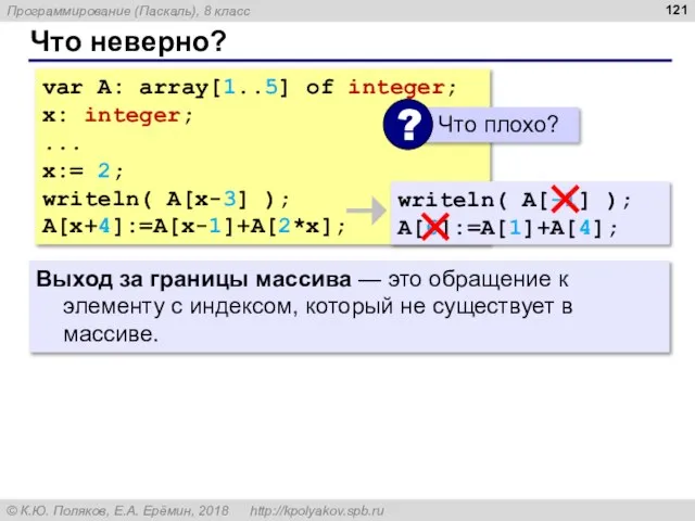 Что неверно? var A: array[1..5] of integer; x: integer; ... x:= 2;