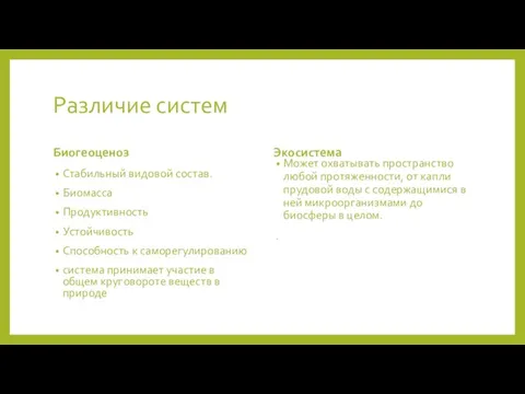 Различие систем Биогеоценоз Стабильный видовой состав. Биомасса Продуктивность Устойчивость Способность к саморегулированию