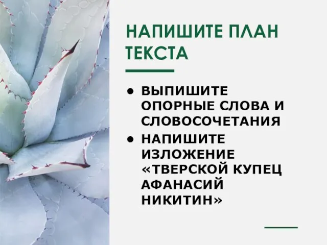 НАПИШИТЕ ПЛАН ТЕКСТА ВЫПИШИТЕ ОПОРНЫЕ СЛОВА И СЛОВОСОЧЕТАНИЯ НАПИШИТЕ ИЗЛОЖЕНИЕ «ТВЕРСКОЙ КУПЕЦ АФАНАСИЙ НИКИТИН»