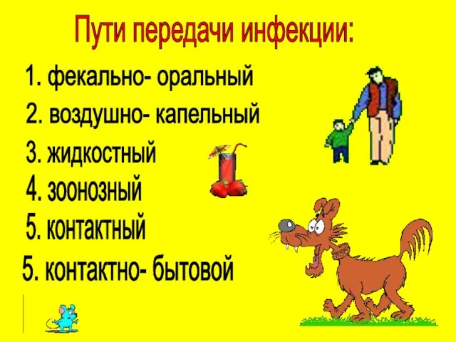 Пути передачи инфекции: 1. фекально- оральный 2. воздушно- капельный 3. жидкостный 4.