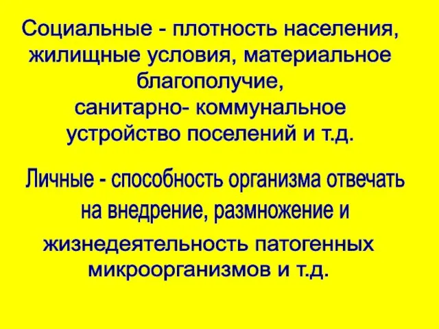 Социальные - плотность населения, жилищные условия, материальное благополучие, санитарно- коммунальное устройство поселений