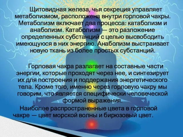 Щитовидная железа, чья секреция управляет метаболизмом, расположена внутри горловой чакры. Метаболизм включает