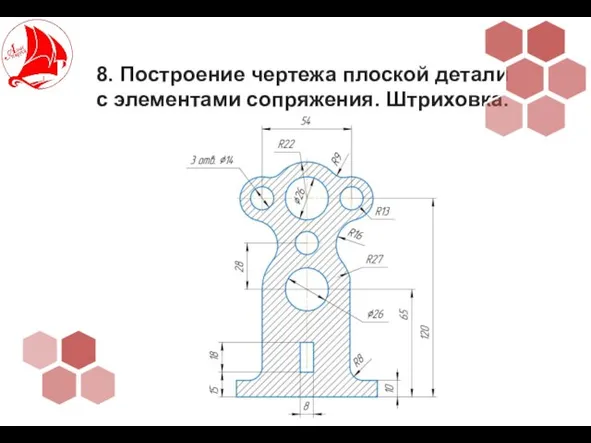 8. Построение чертежа плоской детали с элементами сопряжения. Штриховка.