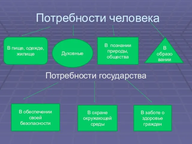 Потребности человека Потребности государства В обеспечении своей безопасности В охране окружающей среды