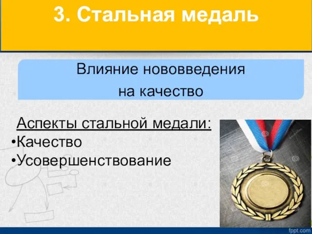 3. Стальная медаль Аспекты стальной медали: Качество Усовершенствование Влияние нововведения на качество