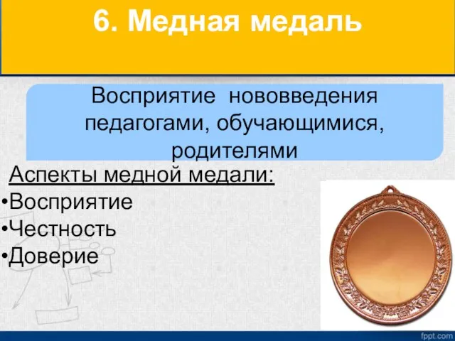 6. Медная медаль Аспекты медной медали: Восприятие Честность Доверие Восприятие нововведения педагогами, обучающимися, родителями