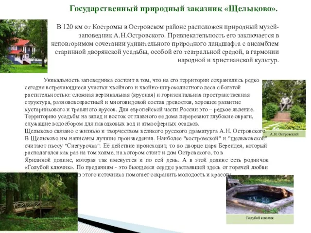 Государственный природный заказник «Щелыково». В 120 км от Костромы в Островском районе