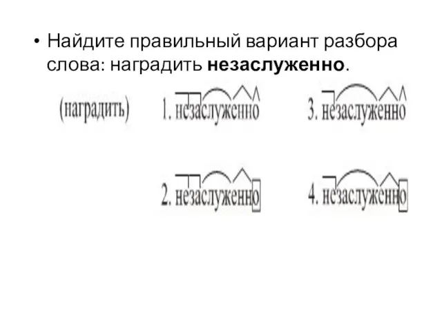 Найдите правильный вариант разбора слова: наградить незаслуженно.