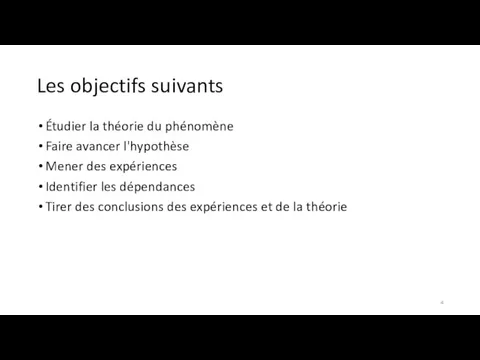 Les objectifs suivants Étudier la théorie du phénomène Faire avancer l'hypothèse Mener