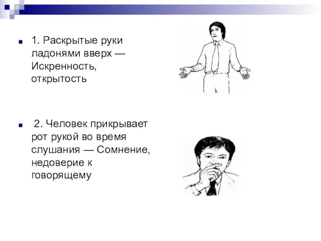 1. Раскрытые руки ладонями вверх — Искренность, открытость 2. Человек прикрывает рот