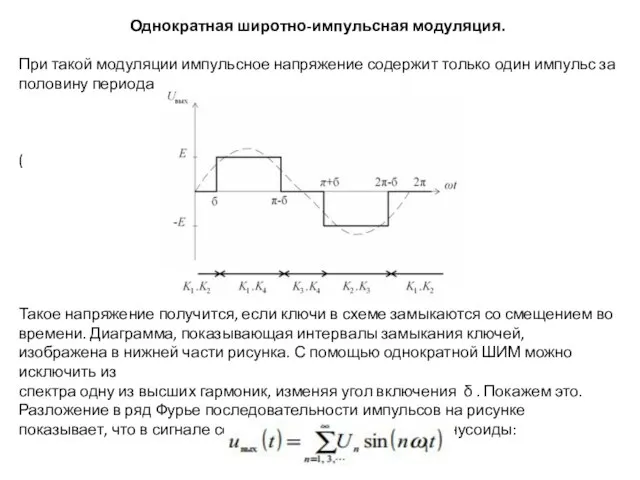 Однократная широтно-импульсная модуляция. При такой модуляции импульсное напряжение содержит только один импульс