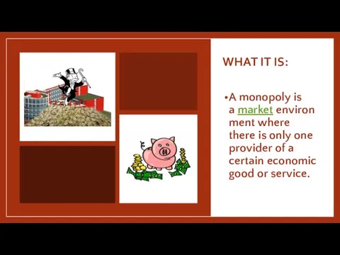 WHAT IT IS: A monopoly is a market environment where there is