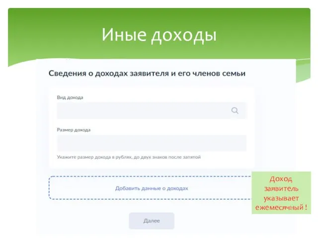 Иные доходы Доход заявитель указывает ежемесячный !