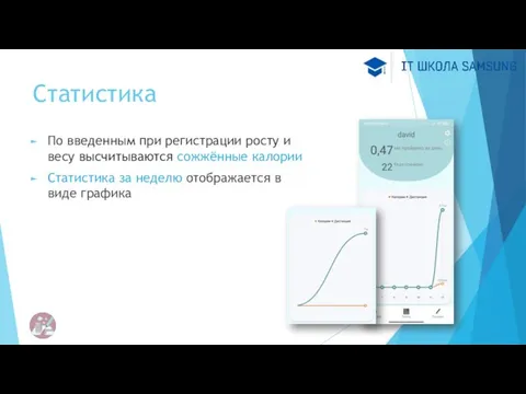 Статистика По введенным при регистрации росту и весу высчитываются сожжённые калории Статистика