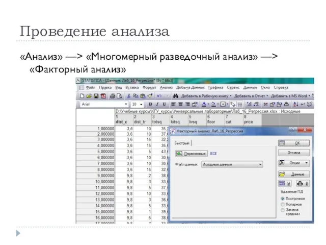 Проведение анализа «Анализ» —> «Многомерный разведочный анализ» —> «Факторный анализ»