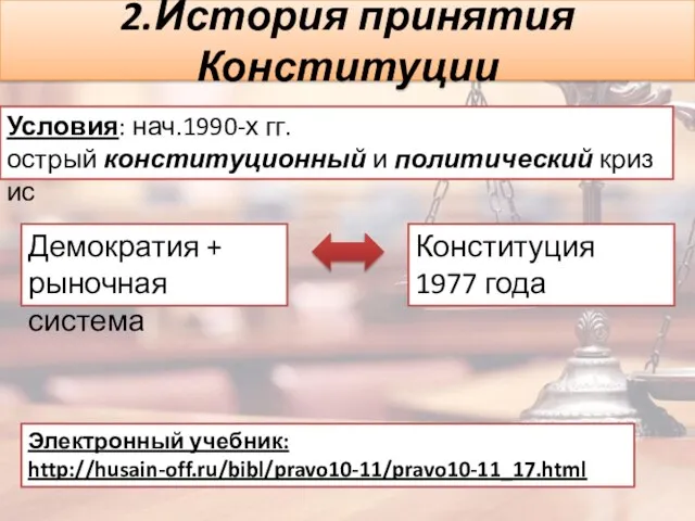 2.История принятия Конституции Условия: нач.1990-х гг. острый конституционный и политический кризис Демократия