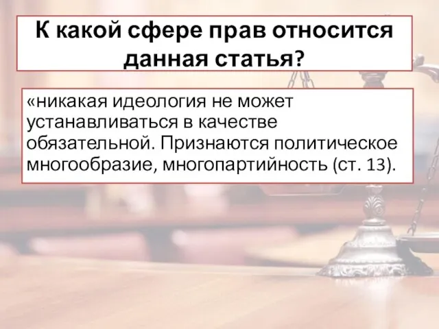 К какой сфере прав относится данная статья? «никакая идеология не может устанавливаться