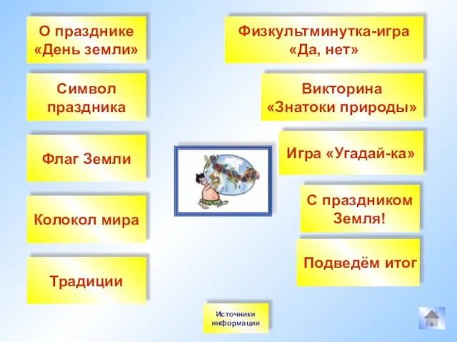 О празднике «День земли» Символ праздника Флаг Земли Колокол мира Традиции Физкультминутка-игра