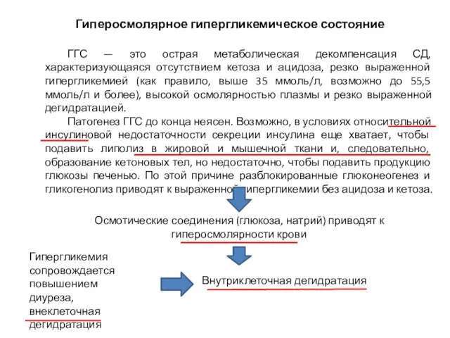 Гиперосмолярное гипергликемическое состояние ГГС — это острая метаболическая декомпенсация СД, характеризующаяся отсутствием