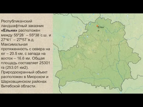 Республиканский ландшафтный заказник «Ельня» расположен между 55º28΄ – 55º38΄с.ш. и 27º41΄ –