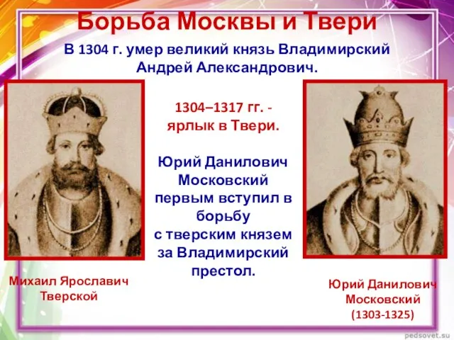 Борьба Москвы и Твери В 1304 г. умер великий князь Владимирский Андрей