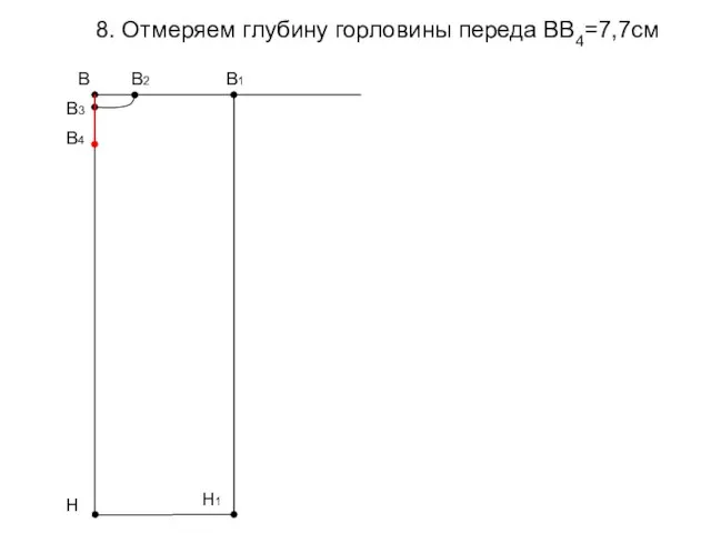 8. Отмеряем глубину горловины переда ВВ4=7,7см В В1 Н В3 В4 В2 Н1