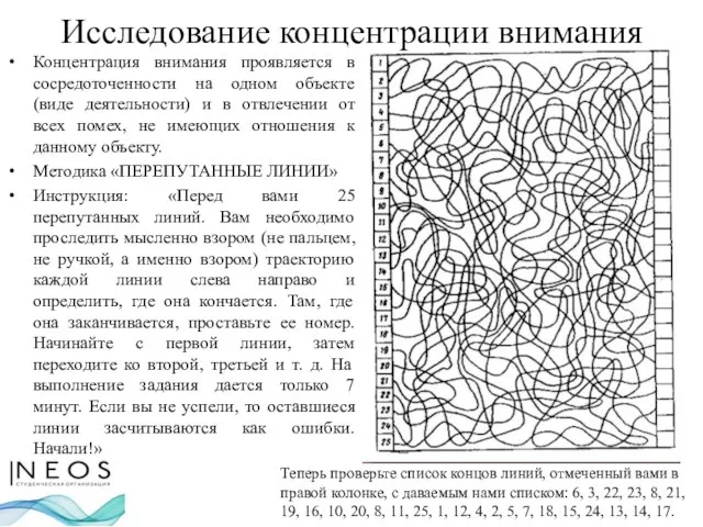 Исследование концентрации внимания Концентрация внимания проявляется в сосредоточенности на одном объекте (виде