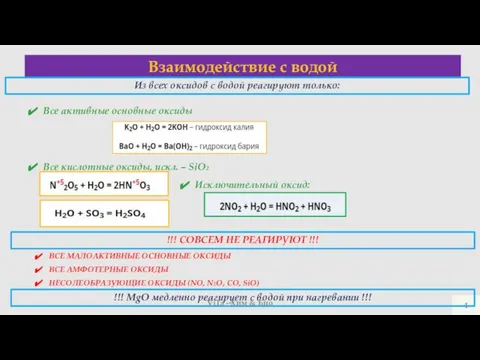 Взаимодействие с водой Из всех оксидов с водой реагируют только: Все активные