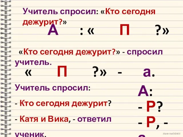 Учитель спросил: «Кто сегодня дежурит?» А : « П ?» «Кто сегодня