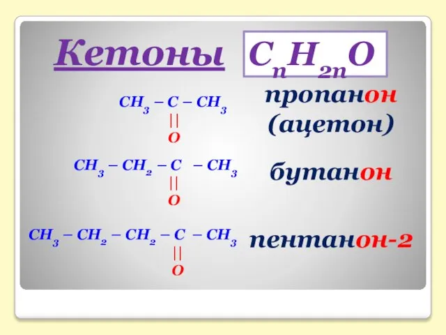 Кетоны СН3 – C – СН3 || O СН3 – СН2 –