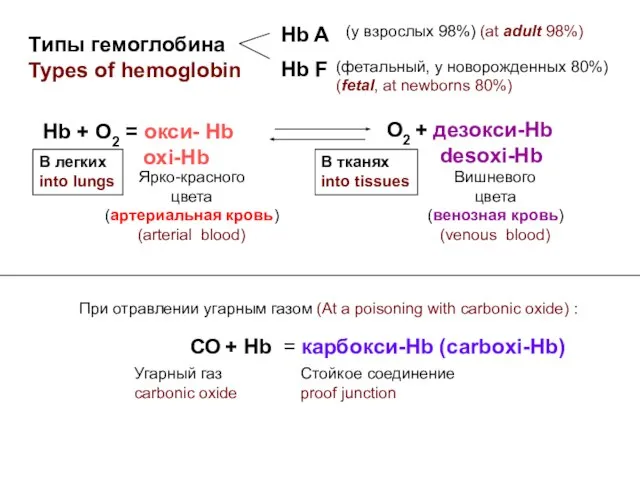 Типы гемоглобина Types of hemoglobin Hb A Hb F (у взрослых 98%)