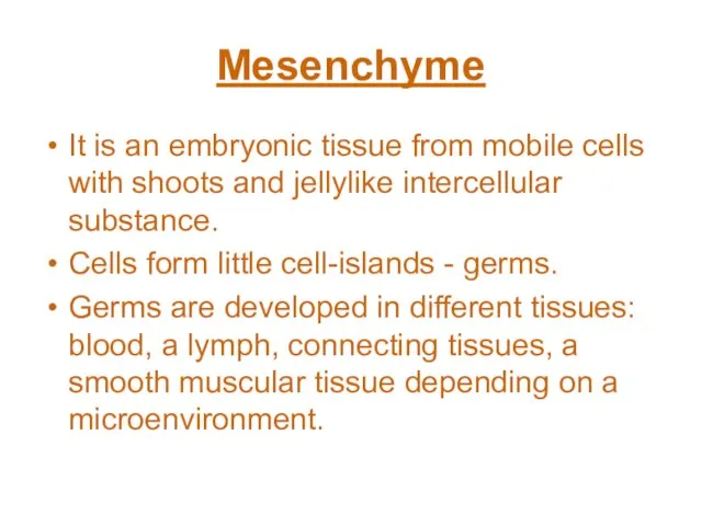 Mesenchyme It is an embryonic tissue from mobile cells with shoots and