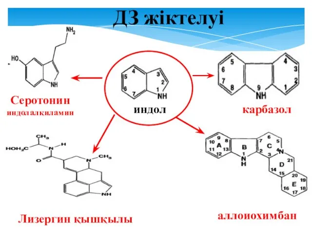 ДЗ жіктелуі индол Серотонин индолалкиламин аллоиохимбан карбазол Лизергин қышқылы